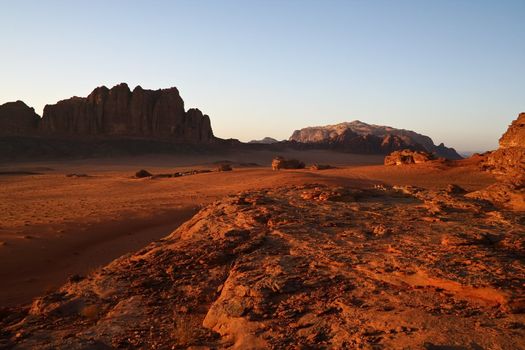 Sundown in desert Wadi Rum. Jordan