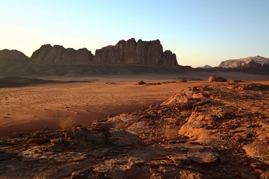 Sundown in desert Wadi Rum. Jordan