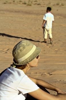 Tourists in desert Wadi Rum. Jordan