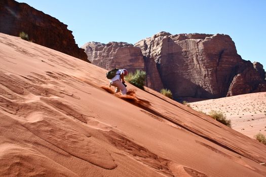 Tourists in desert Wadi Rum. Jordan