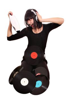 girl hold lp record and listening music