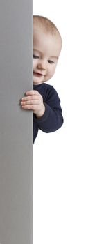 young child holding vertical, grey sign. isolate on white background
