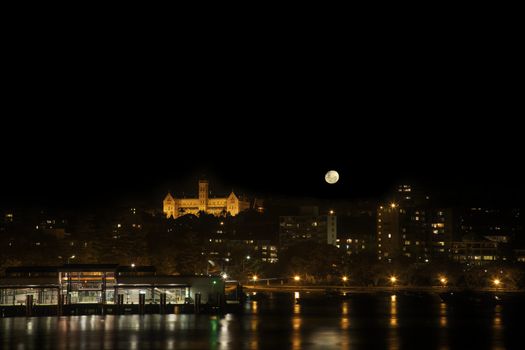 Full Moon Over the Wharf in Manly and ICMS (International College of Management)