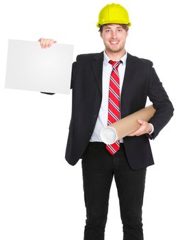 Engineer / architect man showing blank sign holding plans and wearing yellow construction work protective helmet. Young happy smiling caucasian male professional isolated on white background.