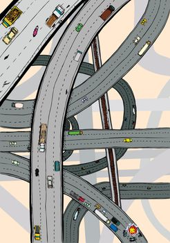 Highways and junctions with cars, trucks and railroad tracks