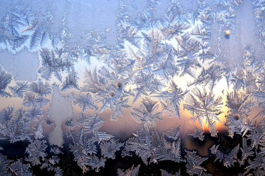 Ice pattern on window, winter sunset