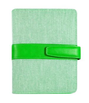 Green leather and canvas cover notebook isolated on white 