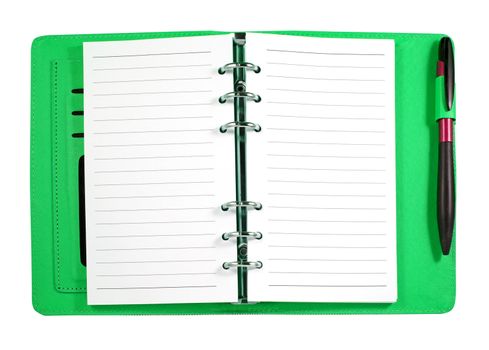 Green leather binder notebook with pen isolated on white 