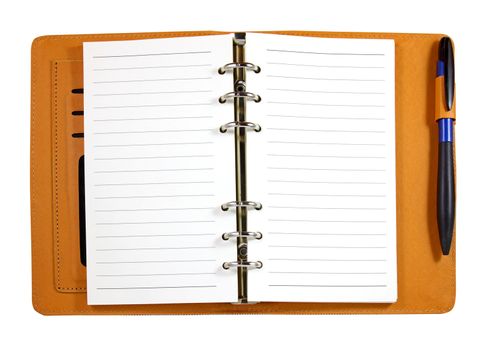 Brown leather binder notebook with pen isolated on white 