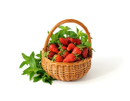 Fresh Strawberries in basket with mint on a white background