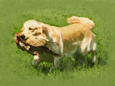 oil painting portrait of hunting running golden retriever with duck