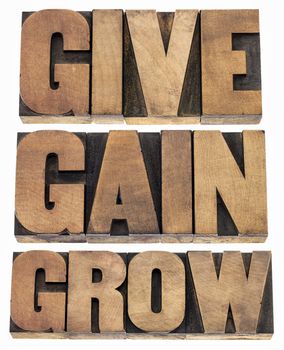 give, gain and grow -personal development or motivational concept - isolated word in vintage letterpress wood type printing blocks