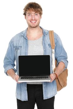 Male college / university student showing laptop screen smiling happy. Young caucasian man holding notebook computer pc showing empty blank screen with copy space. Young caucasian guy isolated on white background.