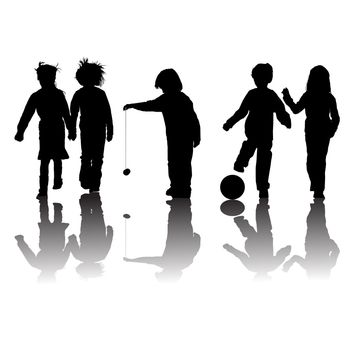 school kids friends silhouettes, girls and boys over white