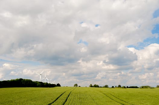 Landscape with green field and cloudscape. In the background you can see five wind turbines.