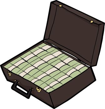 Stacks of cash inside an open briefcase over white