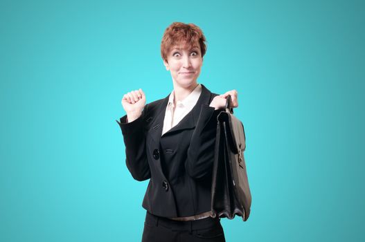 happy business woman with briefcase on blue background