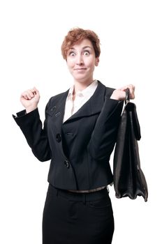 happy business woman with briefcase on white background