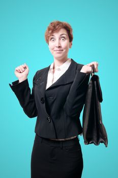 happy business woman with briefcase on blue background