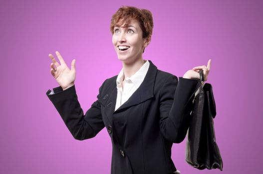 happy business woman with briefcase on pink background