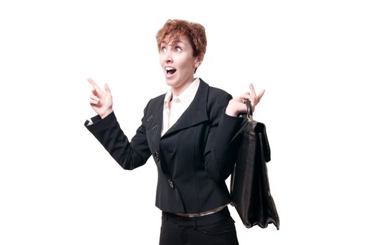 astonished business woman with briefcase on white background