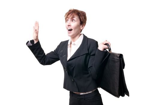 astonished business woman with briefcase on white background