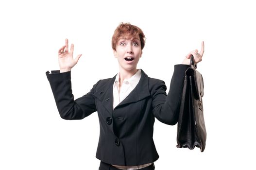 astonished business woman with briefcase on white background