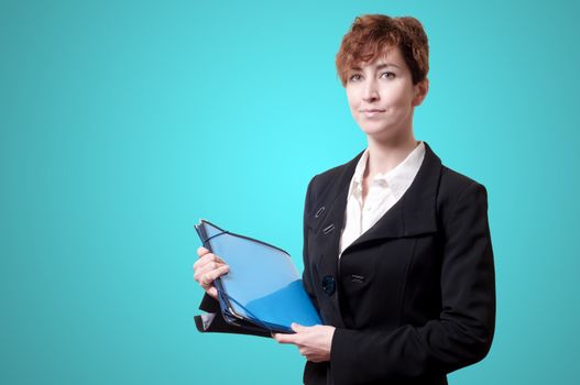 success business woman with briefcase on blue background