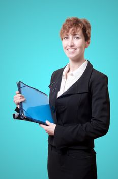 success business woman with briefcase on blue background