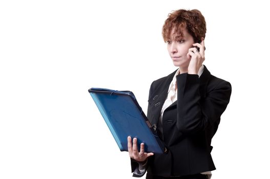 success business woman with briefcase and phone on white background