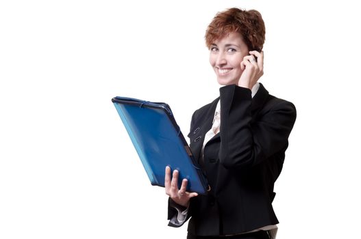 success business woman with briefcase and phone on white background