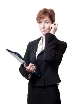 success business woman with briefcase and phone on white background