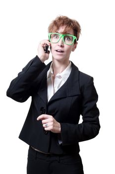 business woman calling on phone on white background