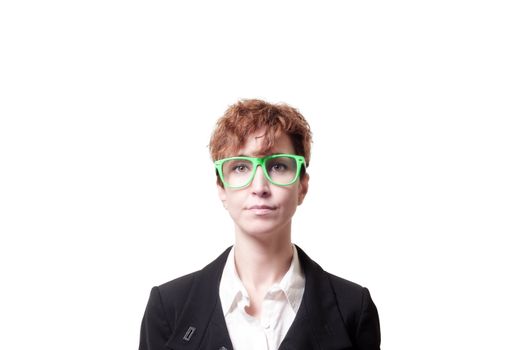 business woman with green eyeglasses on white background