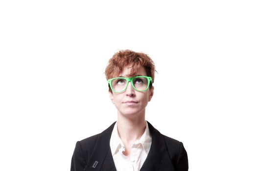 business woman with green eyeglasses on white background