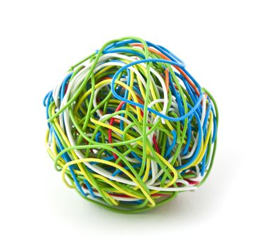 Ball of colored wire isolated on white background