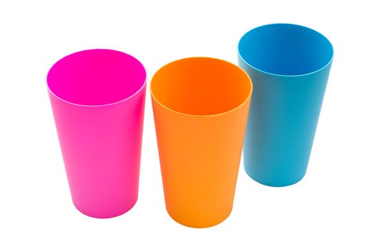 Three color plastic cup isolated on white background