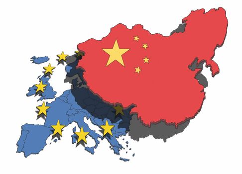 Illustration of China overshadowing and dominating the European nations and union.