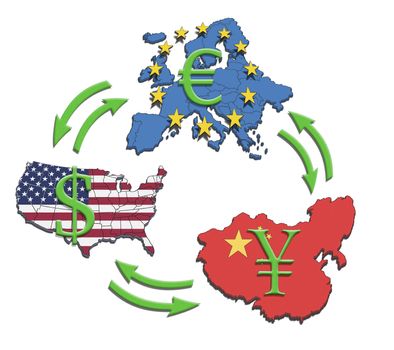 The greatest economies in the world, USA, China and Europe. Illustration of economic relations and currency trading.