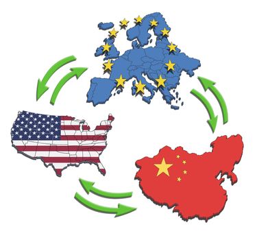 USA, Europe and China Interaction. Illustration of their interdependence. Isolated on white.