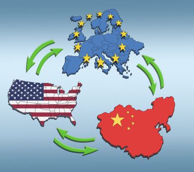 USA, Europe and China Interaction. Illustration of their interdependence.
