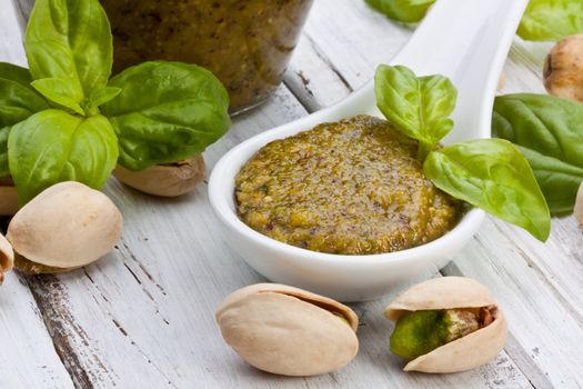 sicilian pistachio pesto sauce with basil and olive oil