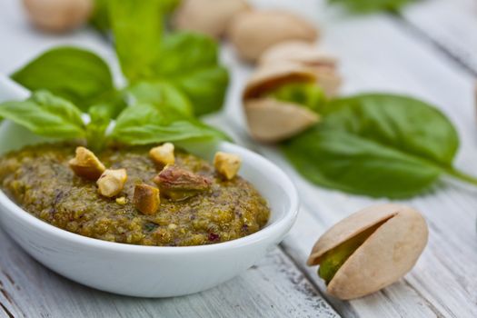 sicilian pistachio pesto sauce with basil and olive oil