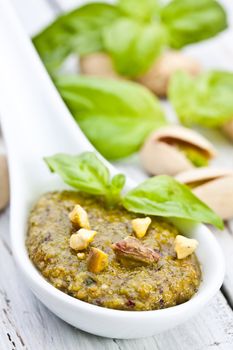 sicilian pistachio pesto sauce with basil and olive oil