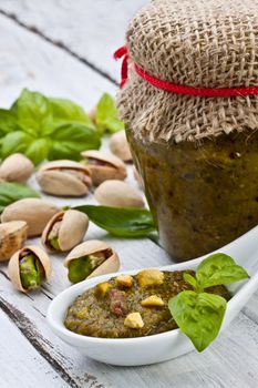 sicilian pistachio pesto sauce with basil and olive oil