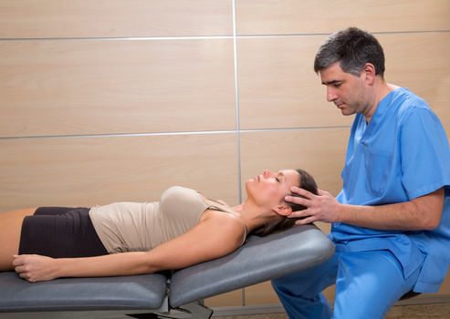 cranial osteopathy therapy doctor hands in woman head at hospital
