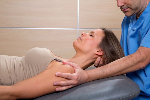 cervical stretching therapy with therapist doctor hands in woman neck