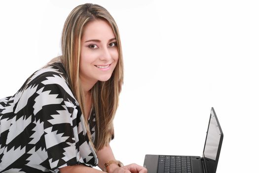 Business woman with a laptop isolated over a white background