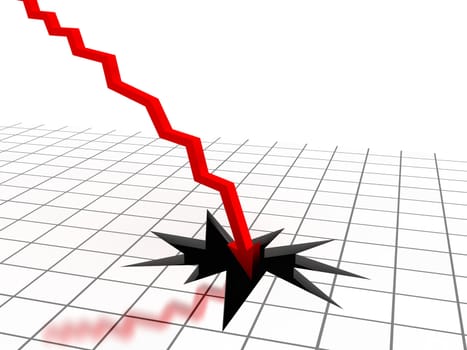 Red arrow breaking floor. Concept of bankruptcy, financial collapse, depression, failure, money crisis. Computer generated image.