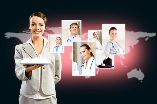 attractive woman holding a tablet pc and smiling, concept of social networks, collage